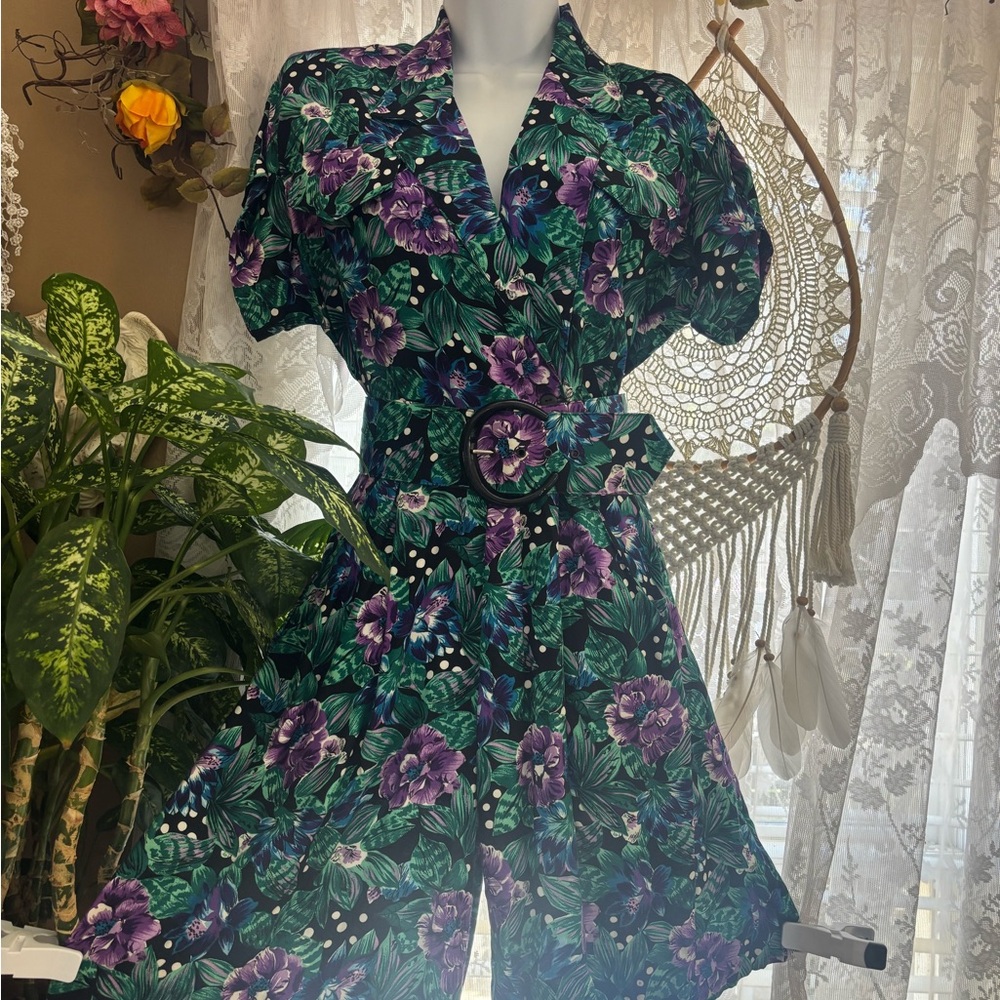 Floral Green and Purple Romper 80s vintage cottagecore size 3